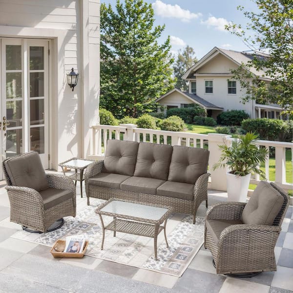Bellefurn Rotavia Gray 5-Piece Wicker Patio Conversation Set with Swivel Rockers, Outdoor Sofa Seating Set with Gray Cushions