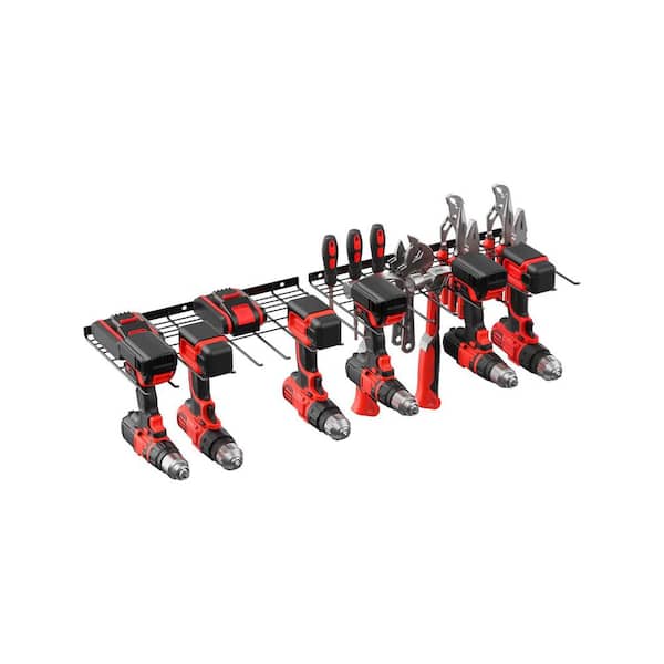 Heavy Duty 14.76 in. Black Metal Drill Holder Rack, 8 Front Slots, Hooks, 6-Layers, Wall-Mount Tool Organizer