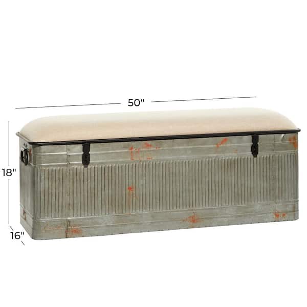 Gray Galvanized Storage Bench with Cream Burlap Top 18 in. X 50 in. X 16 in.