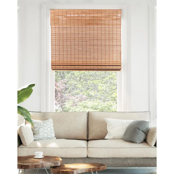 Chicology Premium True-to-Size Brown Squirrel Cordless Light Filtering Natural Woven Bamboo Roman Shade 29 in. W x 64 in. L