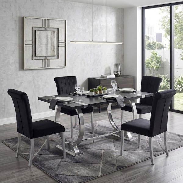 Kihla 5-Piece Silver/Black 60 in. Wood Top Dining Room Set with Stainless Steel Trestle Base (Seats 4)