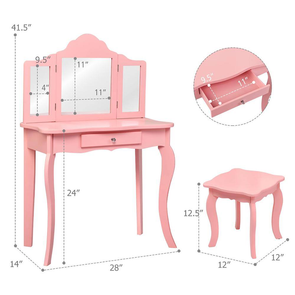 Pink MDF Kids Vanity Table and Stool Set with Tri-Folding Mirror
