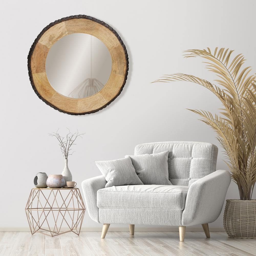 30.5" Round Brown Mango Wood and Glass Wall Mirror