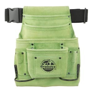 10-Pocket Nail and Tool Pouch with Belt Lime Green Suede Leather w/2 Hammer Holders