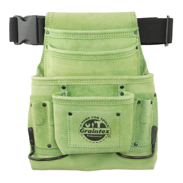 Graintex 10-Pocket Nail and Tool Pouch with Belt Lime Green Suede Leather w/2 Hammer Holders