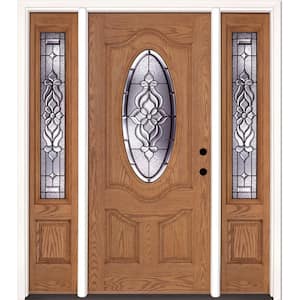 67.5 in.x81.625 in. Lakewood Patina 3/4 Oval Lite Stained Light Oak Left-Hand Fiberglass Prehung Front Door w/Sidelites