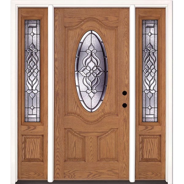 Feather River Doors 67.5 in.x81.625 in. Lakewood Patina 3/4 Oval Lite Stained Light Oak Left-Hand Fiberglass Prehung Front Door w/Sidelites