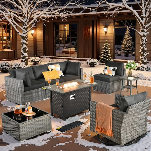 Sanibel Gray 8-Piece Wicker Outdoor Patio Conversation Sofa Sectional Set with a Metal Fire Pit and Black Cushions
