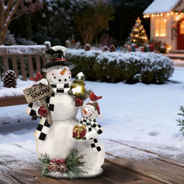 6 in. x 9 in. Black Resin Winter Snowman Hold a Sign Garden Statue