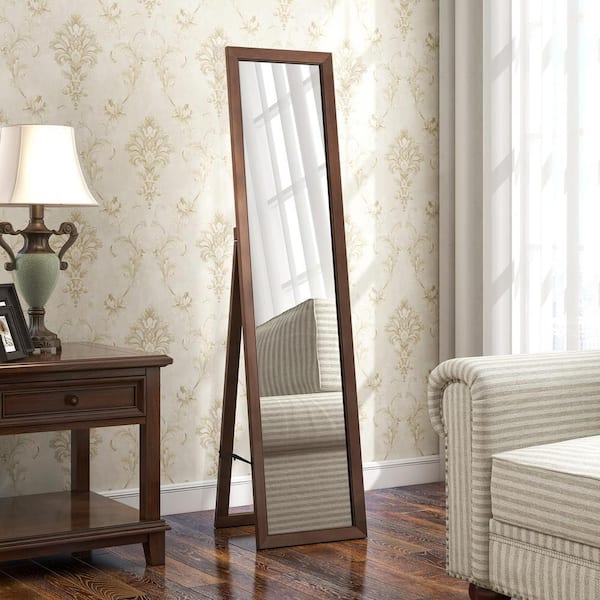 Mecale 14.5 in. x 14 in. x 61 in. Brown Full Length Mirror with Stand and Solid Wood Frame