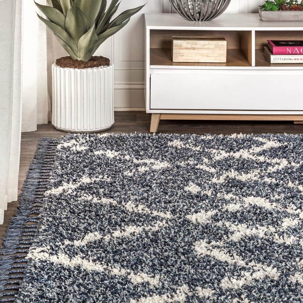 Denim Blue/Cream Diamond Shag Synthetic 4' x 6' Area Rug