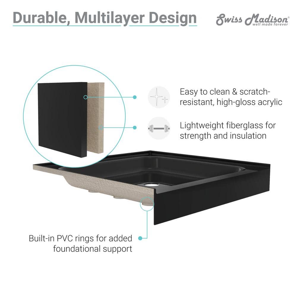 Voltaire 60" x 36" Black Acrylic Single-Threshold Shower Base