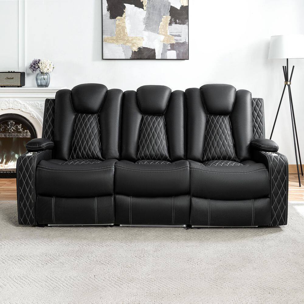 84.25 in. Theater-Style Air Leather Power Reclining Sofa & Chair Sectional Sofa Set with Adjustable Headrests in Black