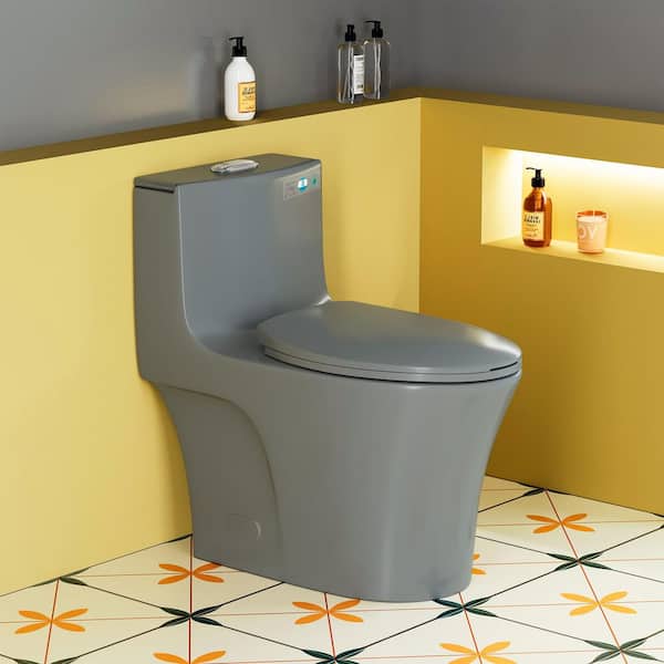 12 in. 1-Piece 1.1/1.6 GPF Dual Flush Elongated Toilet in Light Gray, Seat Included-WaterSense Certified