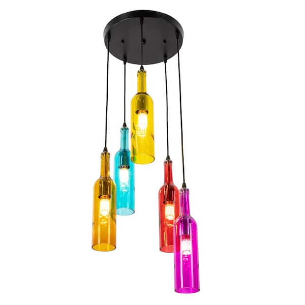 OUKANING 5-Light Black Modern Chandelier for Dining Room Kitchen Island with Multicolored Glass Shade and No Bulbs Included