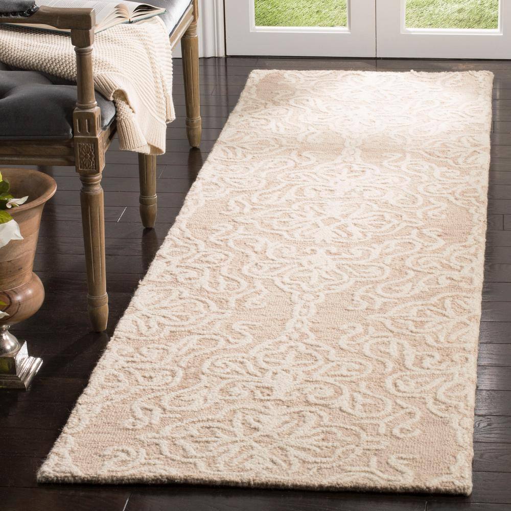 Beige and Ivory Floral Hand Tufted Wool Runner Rug