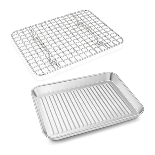 2-Piece Silver Stainless Steel Baking Sheet and Cooling Rack Set Oven Safe Dishwasher Safe for Cookie Roasting
