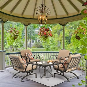 Luxury 5-Piece Metal Patio Conversation Set with Brown Cushions, Patio Rocking Chairs, Fire Table Pit
