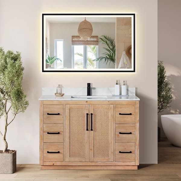 Altair Floral 48 in. W x 22 in. D x 33 in. H Single Sink Bath Vanity in Ligth Brown with White Quartz Countertop and Mirror