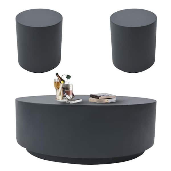 Sol Living Elementi Rome 14.2 in. Slate Black Round Concrete Outdoor Coffee Table and Side Table