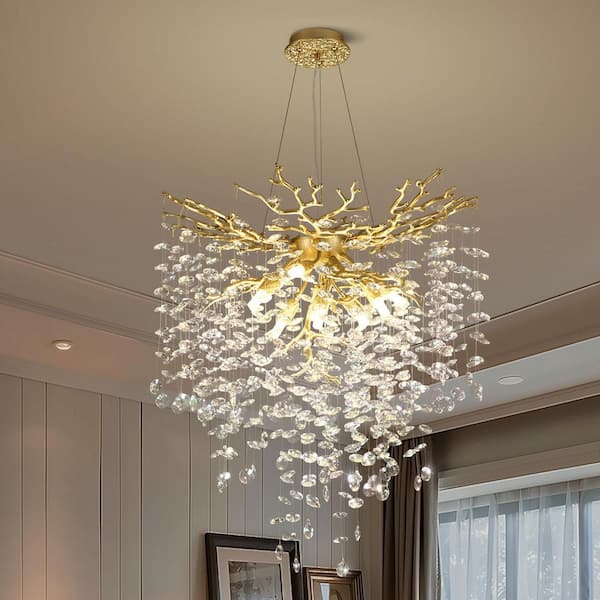 PUYRNF 24 in. 8-Light Adjustable Chandelier with Crystal Decoration, Modern Gold Kitchen Island Chandelier, for Living Room