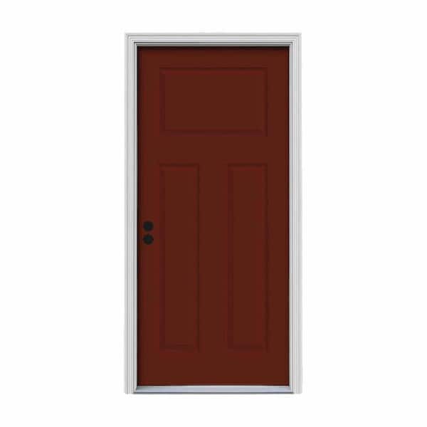 JELD-WEN 34 in. x 80 in. 3-Panel Craftsman Mesa Red Painted Steel Prehung Right-Hand Inswing Front Door w/Brickmould