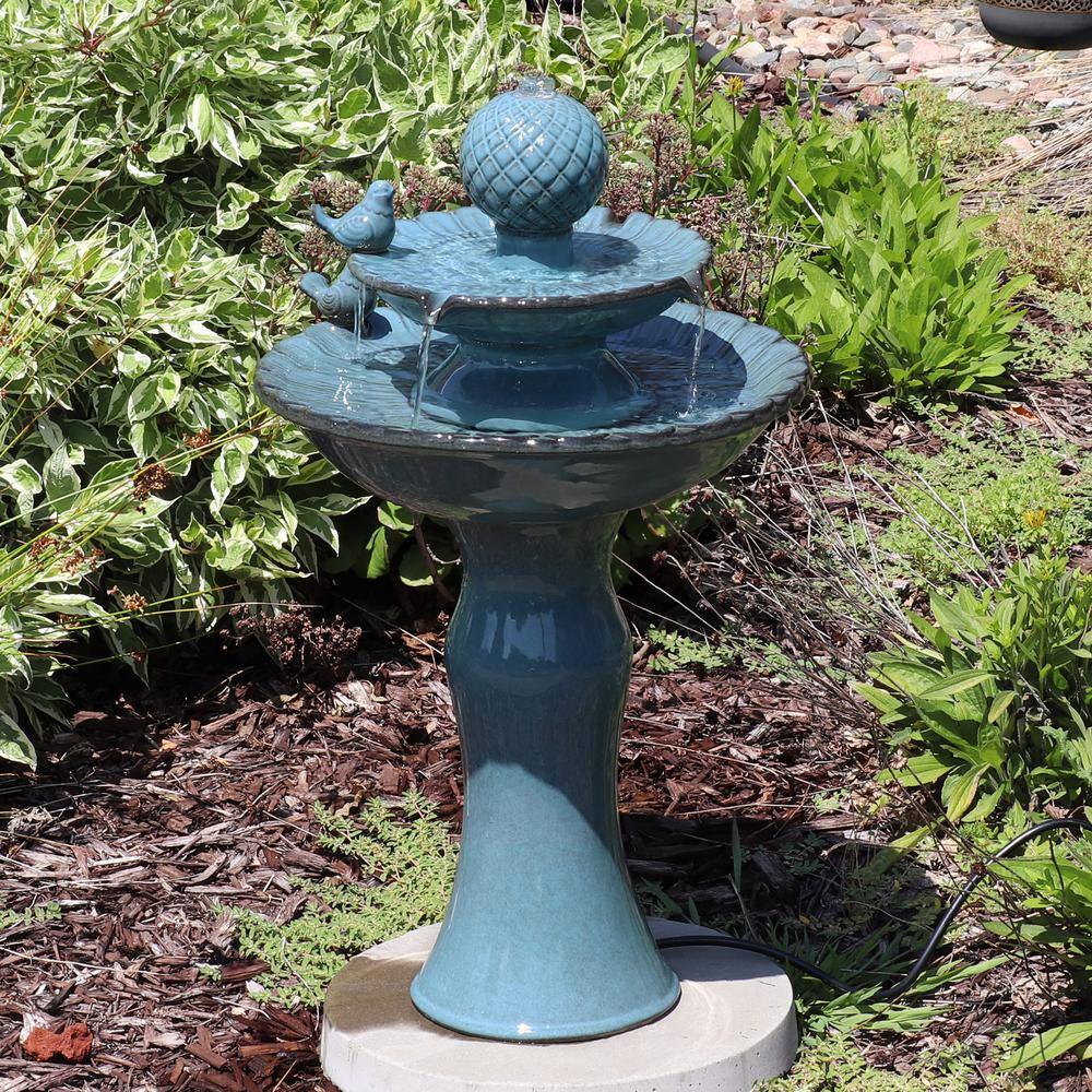 Blue Ceramic 27" 2-Tier Outdoor Fountain with Birds