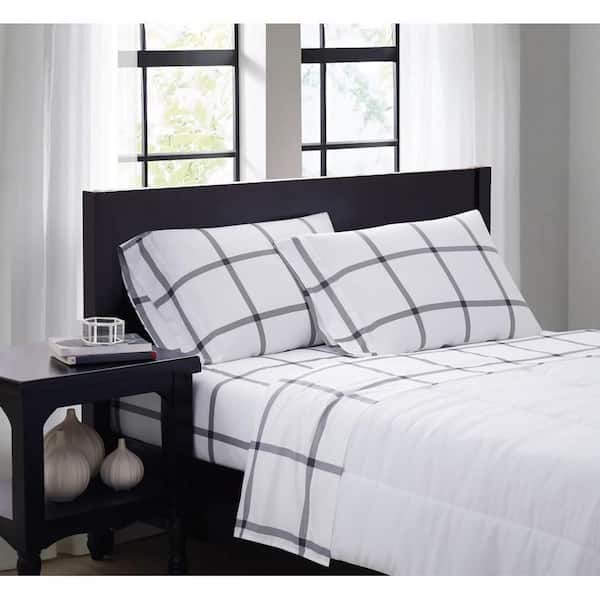 Truly Soft Printed Windowpane 4-Piece White/Charcoal Grey Microfiber King Sheet Set