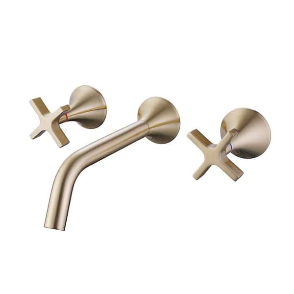 WELLFOR 2-Handle Wall Mount Bathroom Faucet with Cross Handles in Brushed Gold