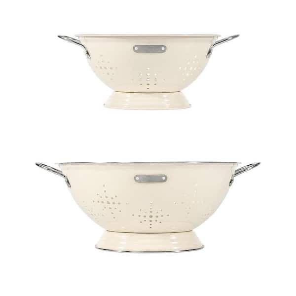 Almond Cream 2 qt. and 6 qt. Metal Heavey Duty Colander with Handles, Powder Coated Solid Ring Base for Pasta (Set of 2)