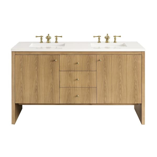 James Martin Vanities Hudson 60.0 in. W x 23.5 in. D x 34.2 in. H Bathroom Vanity in Light Oak with White Zeus Quartz Top