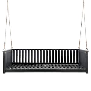 Black Patio Minimalist Twin Size Garden Swing Bed Acacia Wood Porch Swing with Ropes