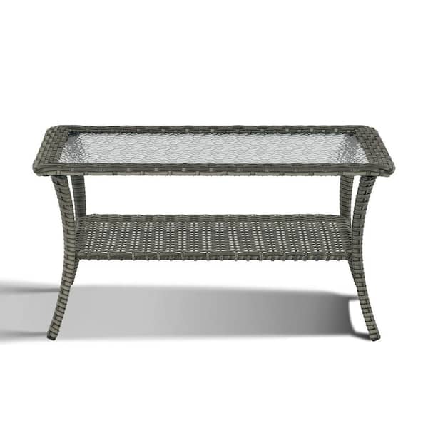 Pocassy Gray Rectangle Wicker Outdoor Glass Side Table