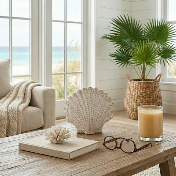 Beige/White 8 in. x 7 in. Resin Woven Pattern Sea Scallop Shell Figurine