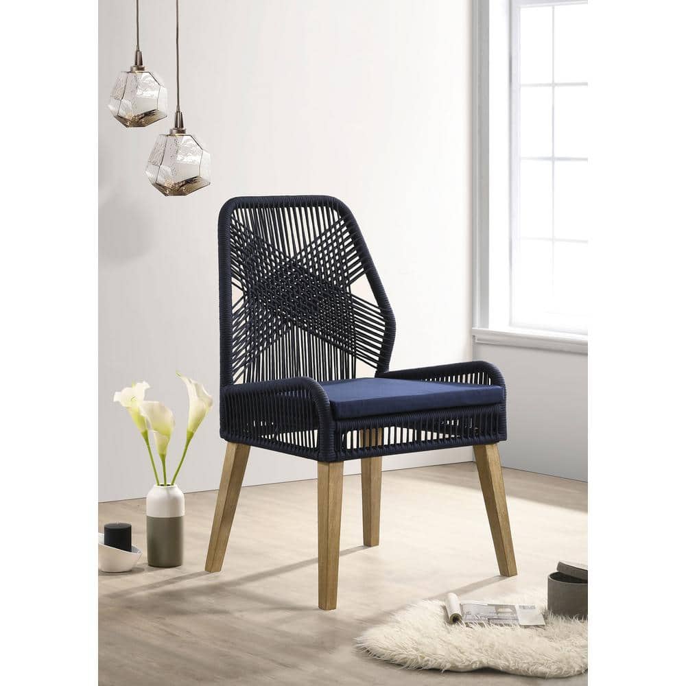 Navy Blue Woven Rope Upholstered Side Chair with Mahogany Legs
