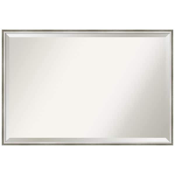 Amanti Art Medium Rectangle Satin Silver/White Beveled Glass Modern Mirror (25 in. H x 37 in. W)