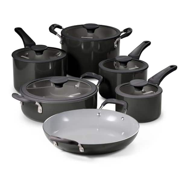11-Piece Nesting Aluminum Ceramic Nonstick Cookware Set in Dark Gray