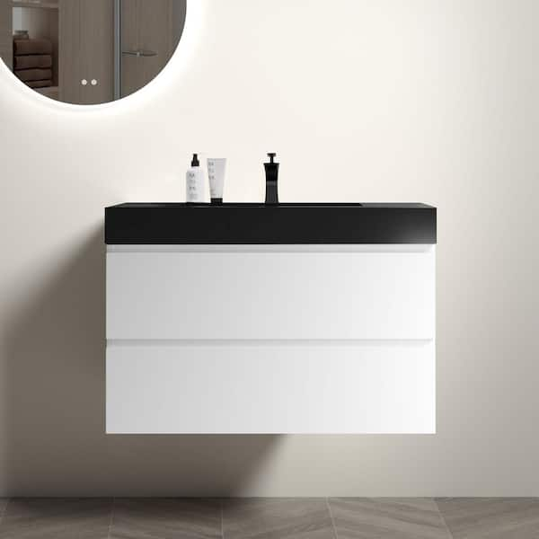 NOBLE 36 in. W x 18 in. D x 25 in. H Single Sink Floating Bath Vanity in White with Black Solid Surface Integral Top