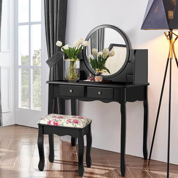 Costway 4 Drawer Makeup Vanity Table Set W Oval Mirror Girls Dressing Table Black Hw61530bk The Home Depot