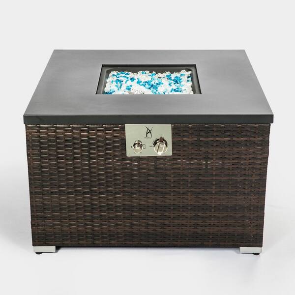 32 in. 40000BTU Outdoor Propane Gas Fire Pit Table, Square Brown Wicker Firepit with Glass Rocks for Patio Backyard