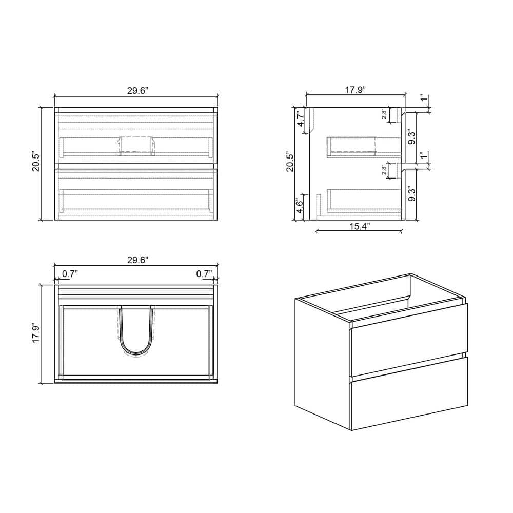 30-Inch Gray MDF Floating Bathroom Vanity with Soft Close Drawers