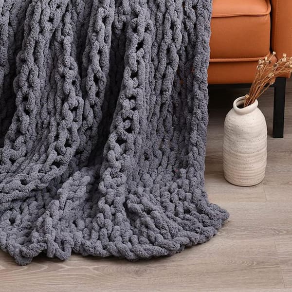 Chunky Knit Blanket - Black Orange and Ivory - Soft Chenille Throw Blanket