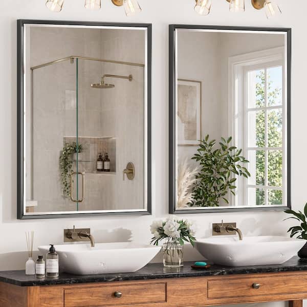 2-Pack 40 in. W x 30 in. H Framed Brushed Nickel Wall-Mounted Beveled Frame Bathroom Vanity Mirror, Brushed Black