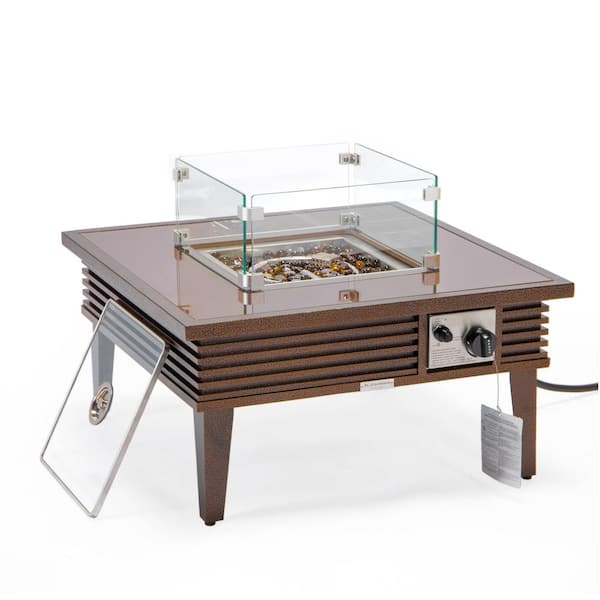 Leisuremod Walbrooke Modern Brown Patio Square Fire Pit Table with Aluminum Slats Frame