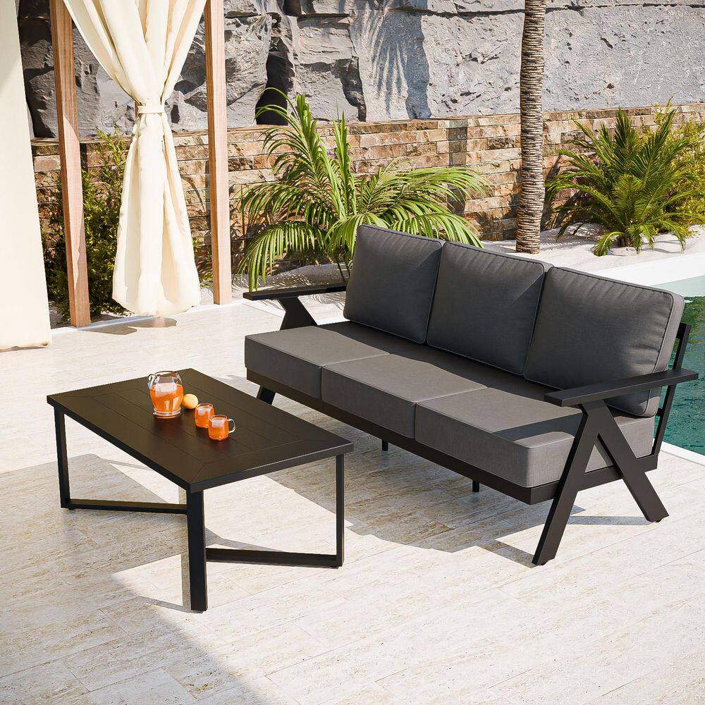 COOS BAY 2-Piece Black Aluminum Outdoor Patio Couch 3-seater Sofa