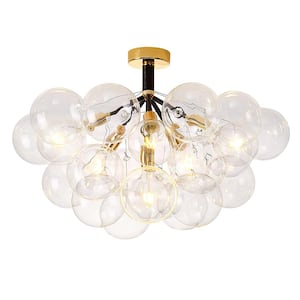 24.8 in. 6-Light Polished Gold and Black Glass Bubble Semi-Flush Mount