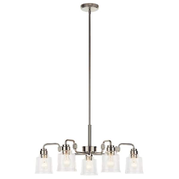 KICHLER Aivian 30 in. 5-Light Brushed Nickel Vintage Industrial Shaded Circle Chandelier for Dining Room