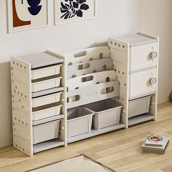 Classic Series Gray and Ivory Polyethylene Kids Storage Box Cabinet with Removable Bins and Bookshelf