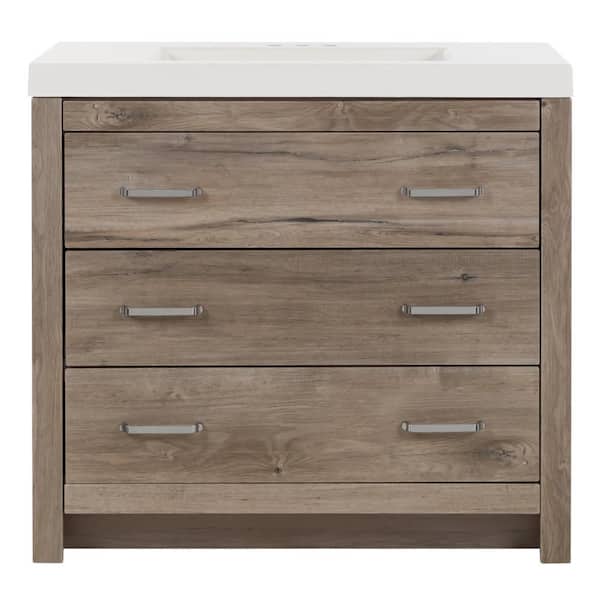 Glacier Bay Woodbrook 37 in. W x 19 in. D x 34 in. H Single Sink Bath Vanity in White Washed Oak with White Cultured Marble Top