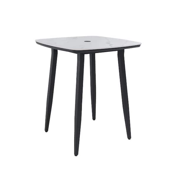 Black Aluminum Square Outdoor Dining Table with Greek White Stone Tabletop and Umbrella Hole, Weatherproof Bistro Table